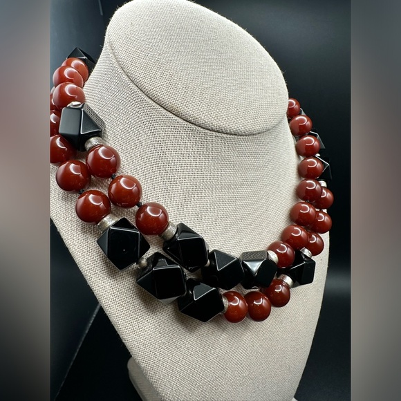 Vintage 15-11 MM ONYX & ORANGE JASPER BEAD 32" NECKLACE heavy - Picture 9 of 14